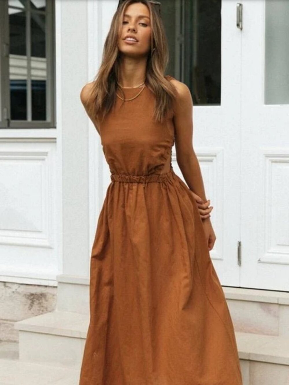 Ladies Elastic Strape Back Sleeveless Midi Dress